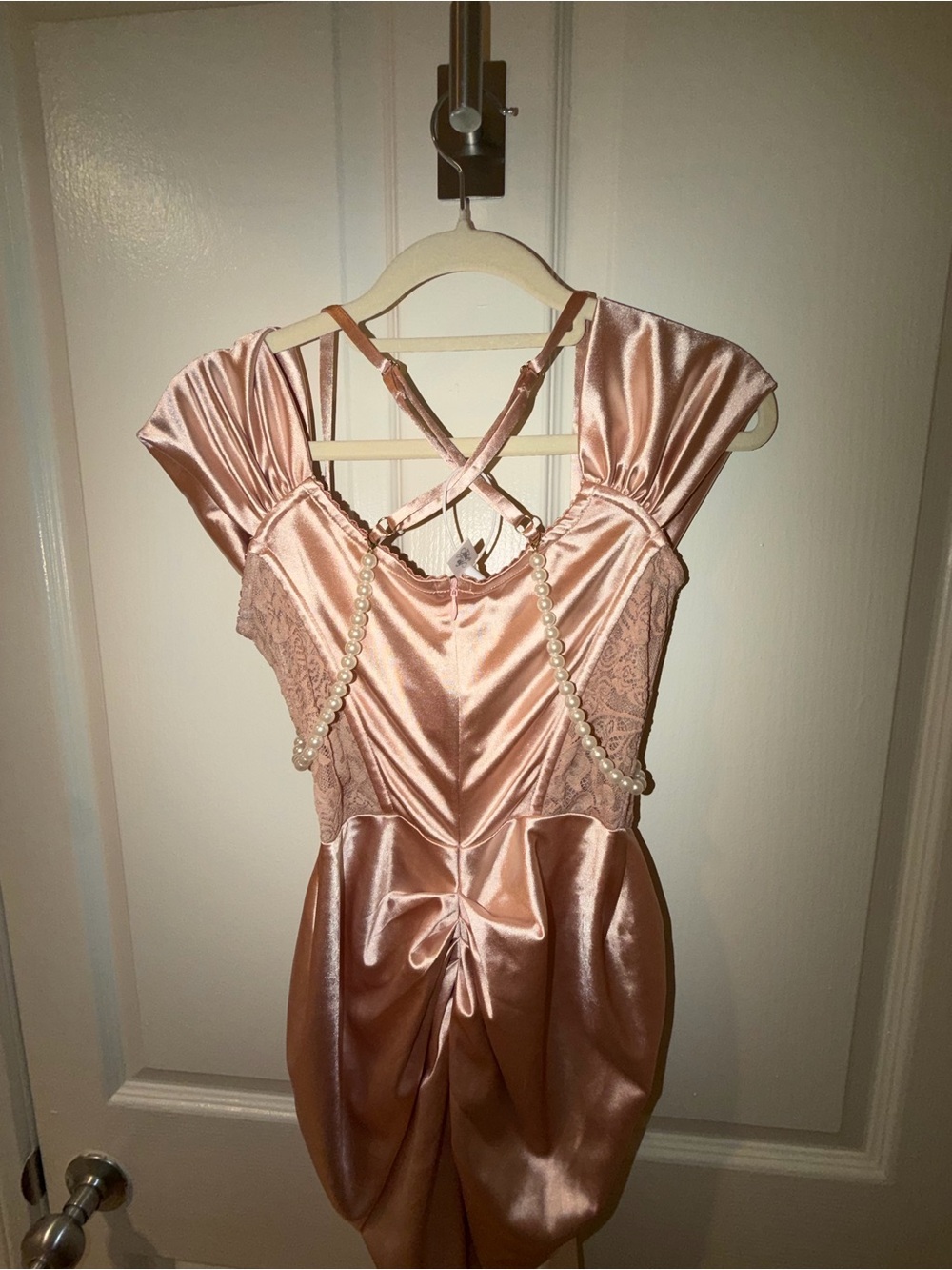 Pearl-Embellished Satin & Lace Dress in Blush Pink - Picture 5 of 7
